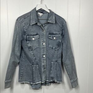 Venus Womens Jean Jacket 12 Light Wash Button Down Pleated Back Raw Edge Trendy